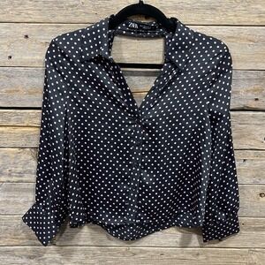 Zara Women's Long Sleeve Blue Pink Polka Dot Button Down Blouse Open Back Size S